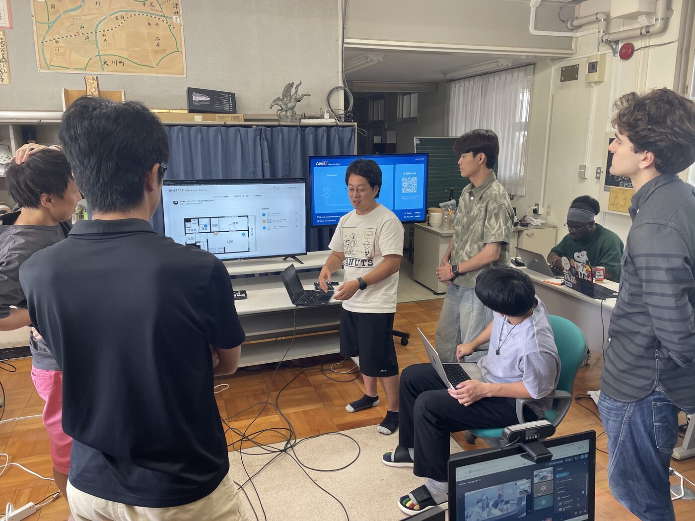 The classroom reviewing a completed demo on screen
